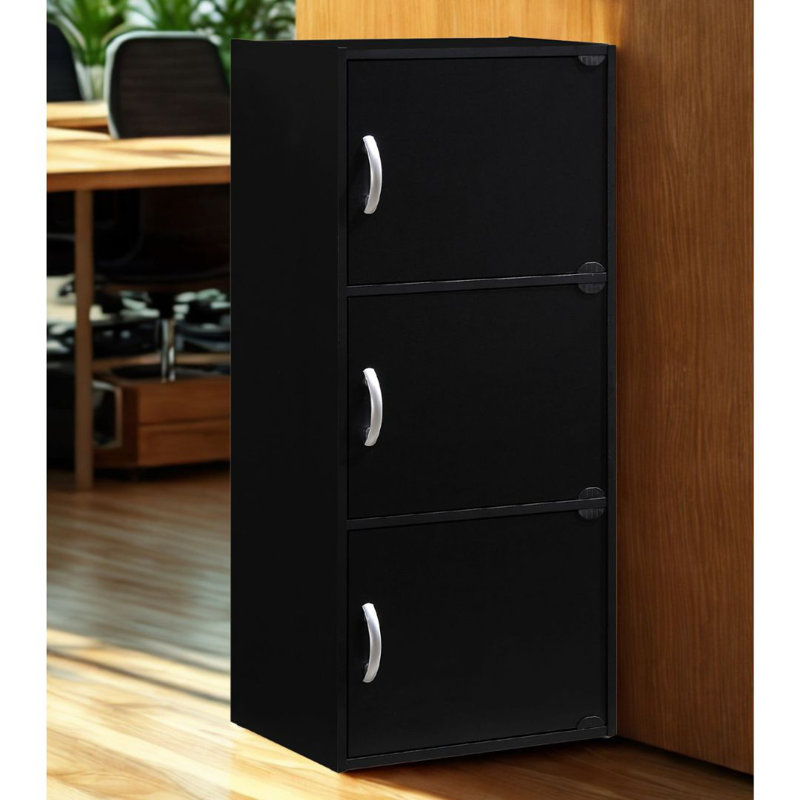 3-Doors, 3-Shelf Bookcase 35.6 in. Tall Enclosed Storage 3-Tier Bookshelf for Home or Office, Black