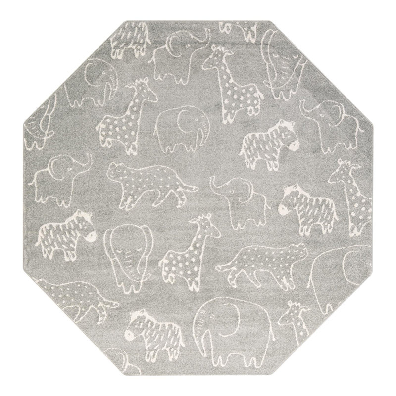 Whimsy Safari Animals Kid Rug, Gray/Ivory, Octagon 7'10" 
