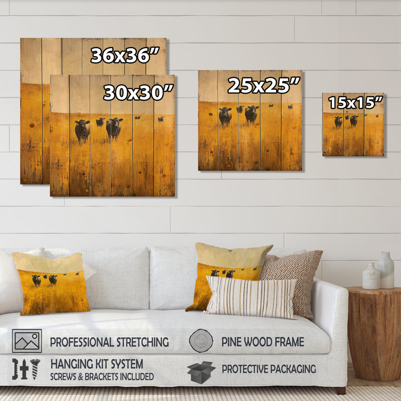 Cows In The Golden Fields I - Countryside Wood Print - On Natural Pine Wood, 36" H x 36" W x 0.78" D