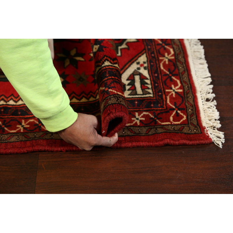 Tapis rouge noué à la main de conception unique 3 pi 2 po x 5 pi 3 po Jerlisa