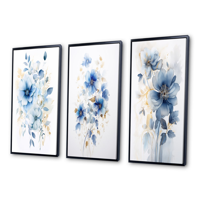 «Délicates feuilles de ginko bleu sur aquarelle blanche», 3 pièces sur toile, Cadre flottant noir, H 28 po x l 36 po