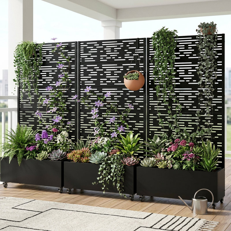 Metal Rectangular Planter Box with 60in Strip Cutout Trellis 47in L x16in x72in H Freestanding Privacy Screen Planter with Rolling Wheels for Climbing Plants Patio Outdoor Decor