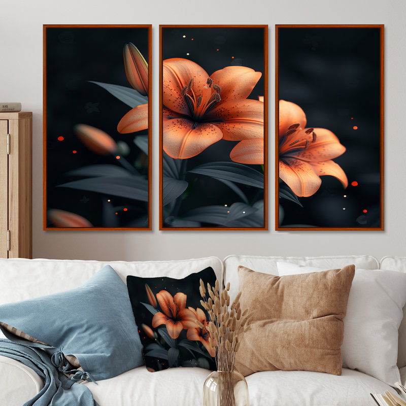 Orange orange, lis noir, printemps I, ensemble de reproductions d'art mural, Toile avec cadre flottant brun
