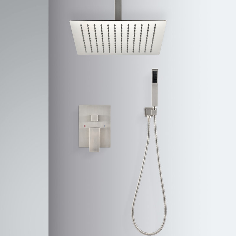 Douche de plafond en nickel brossé - Tête et douchette de 16 po, laiton nickelé