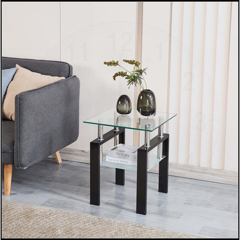 Table de bout élégante et élégante avec rangement en verre, polyvalente pour n'importe quelle pièce, Noir