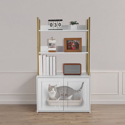 Cat Litter Box Enclosure Furniture, 27.6 In Hidden Litter Box Cabinet With Metal Legs And 2-Tier Storage Shelves, Waterproof Cat Washroom Cat House, Fit Most Of Litterbox, For Living Room