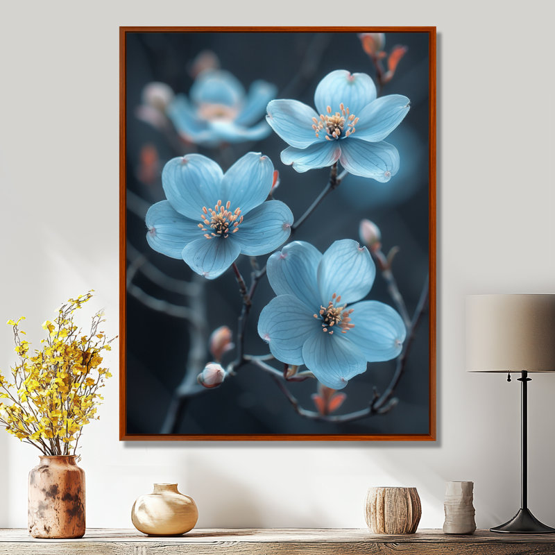 Monochromes bleus, paix, cornouiller fleur II - cornouiller, art mural, Toile avec cadre flottant brun