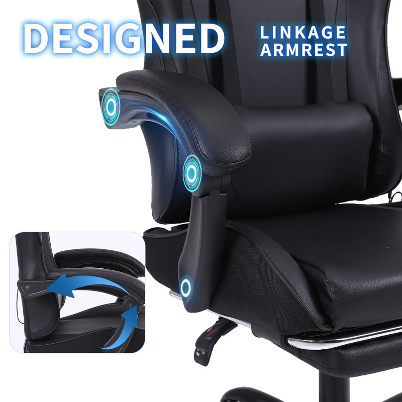 Ebern Designs Adjustable Reclining Ergonomic Faux Leather Swiveling PC & Racing Game Chair with Footrest, White/Black