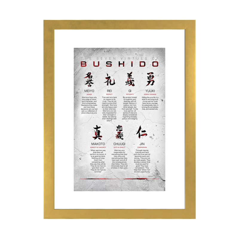 « Bushido code » par Nikita Abakumov-impression d’art graphique, H 24 po x l 16 po x P 1 po, Papier encadré doré, Blanc