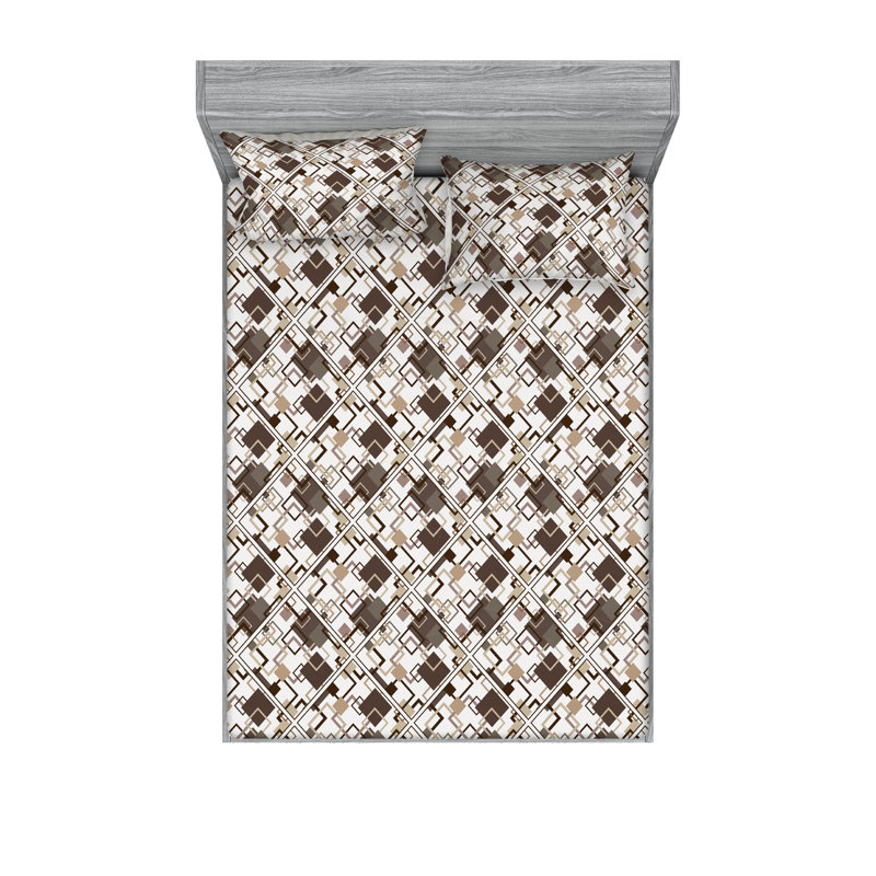 Ambesonne Fitted Sheet & Shams, Dark Cocoa/Ercu/White Abstract, King Sheet Set with 2 Pillowcases