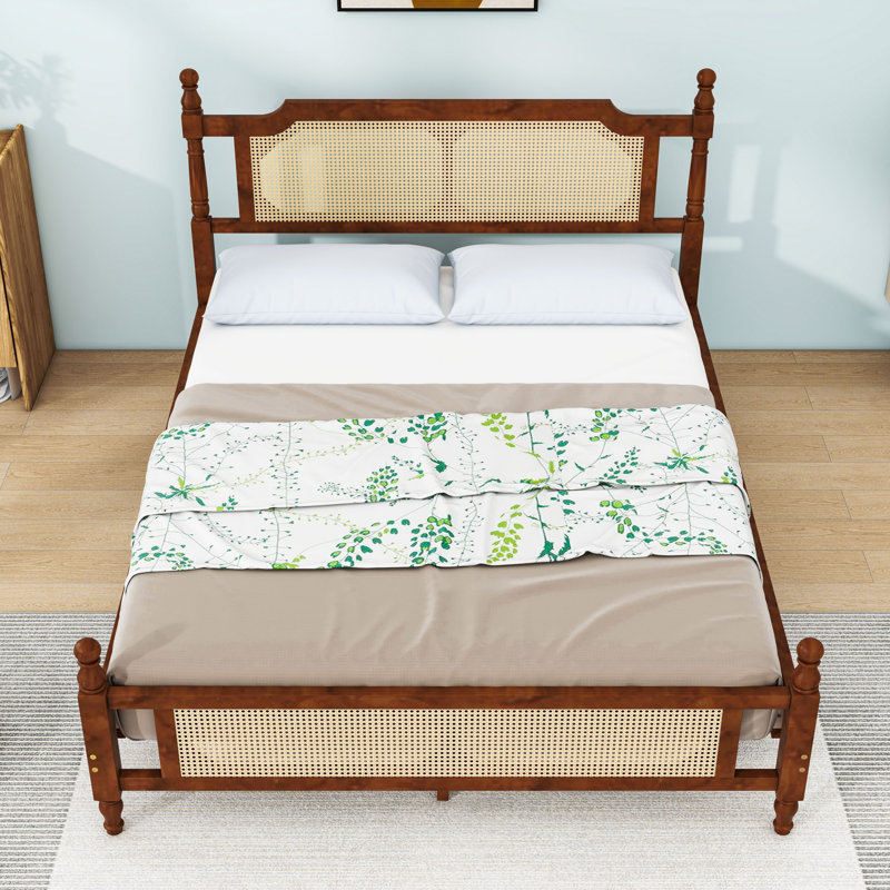 Platform Bed with Rattan Headboard, Walnut, Queen