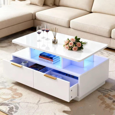 35" High-Gloss LED Coffee Table with Storage, 2-Tier Living Room Center Table with 4 Drawers and Open Shelf