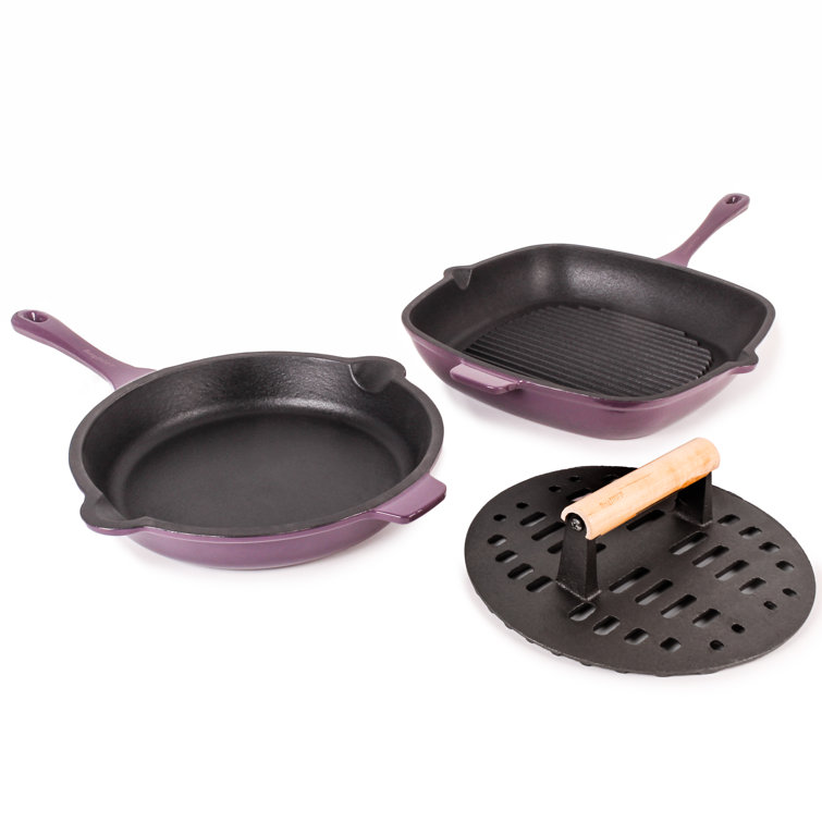 BergHOFF Neo 3PC Cast Iron Set: Fry Pan 10 inch, Square Grill Pan 11 inch & Slotted Steak Press, Red