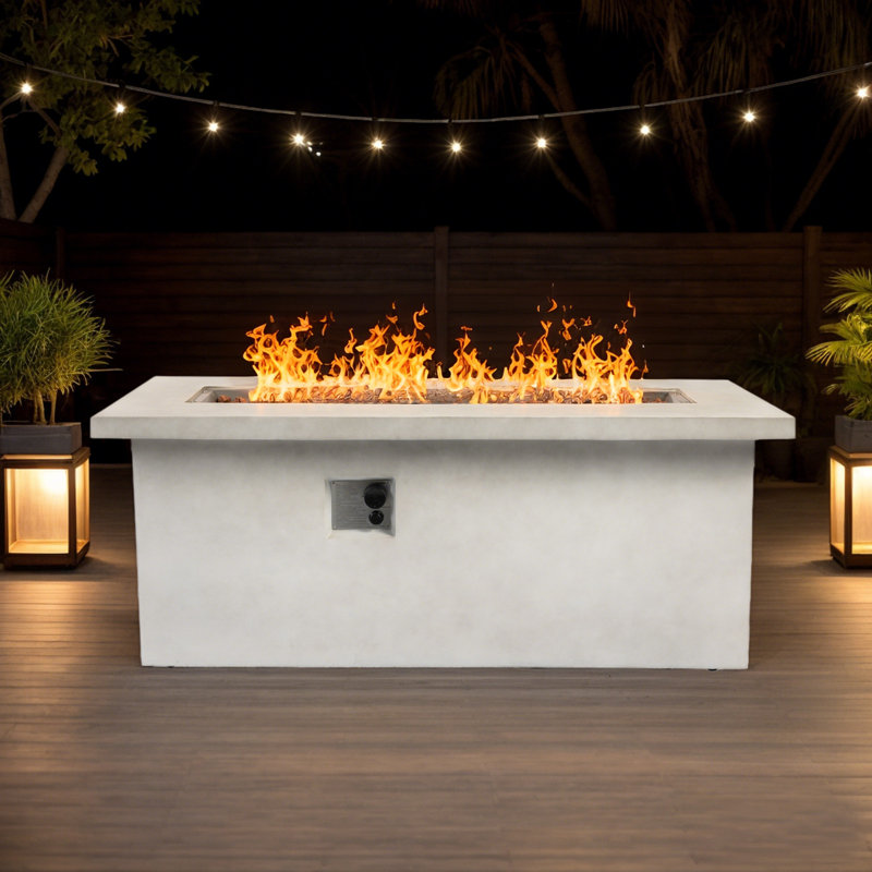 24" H x 60” W Outdoor Concrete Propane Fire Pit Table with Hidden Storage Cabinet and Hideaway Fuel Tank Seat 60000BTU