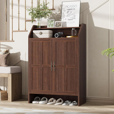 47"Farmhouse Shoe Cabinet with 2 Doors, Adjustable Shelves & 2-Layer Open Storage Rack, 5-Tier Shoe Organizer for Entryway Living Room