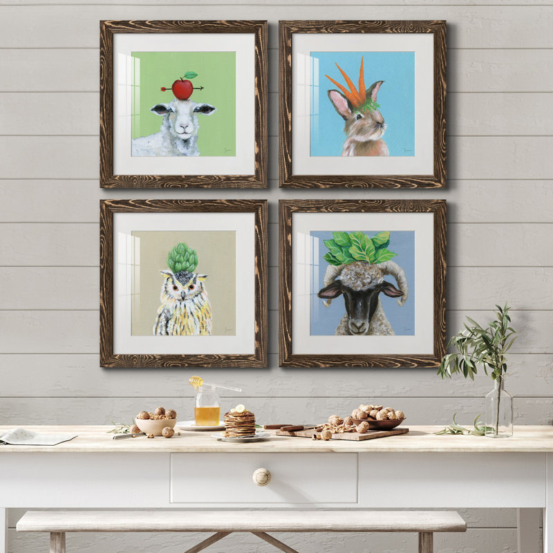 «Playful Nature», ensemble de 4 reproductions sur toiles encadrées, H 31,5 po x l 126 po x P 1,5 po, Noyer, Blanc