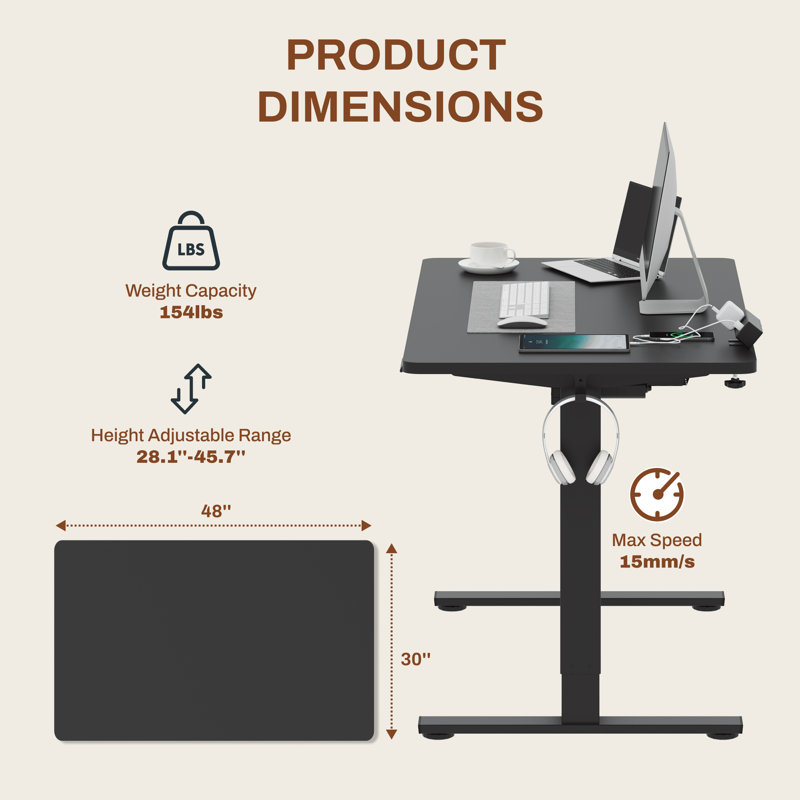 Bureau debout ajustable, bureau entier, Noir / Noir, L 48 po x P 30 po