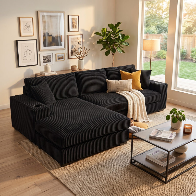 Canapé modulaire Landry en velours côtelé avec porte-gobelets et ports de recharge, Black