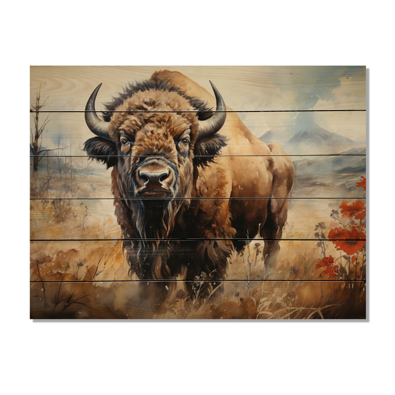 Bisons des prairies brunes sur bois, H 30 po x l 40 po x P 0,78 po