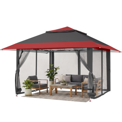 13 Ft. W x 13 Ft. D Outdoor Gazebo for Backyard & Patio Lawn with Netting (Red&Gray)