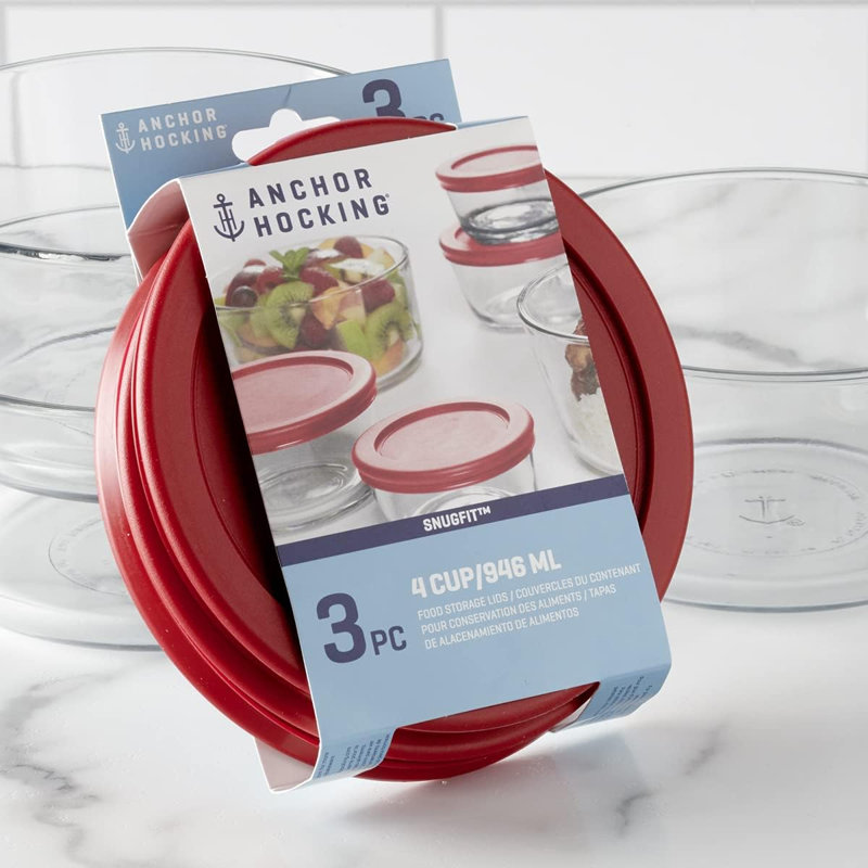 Couvercles de rechange pour rangement en verre Anchor Hocking, 4 tasses rondes, ensemble de 3 (également compatible avec le rangement en verre Pyrex)