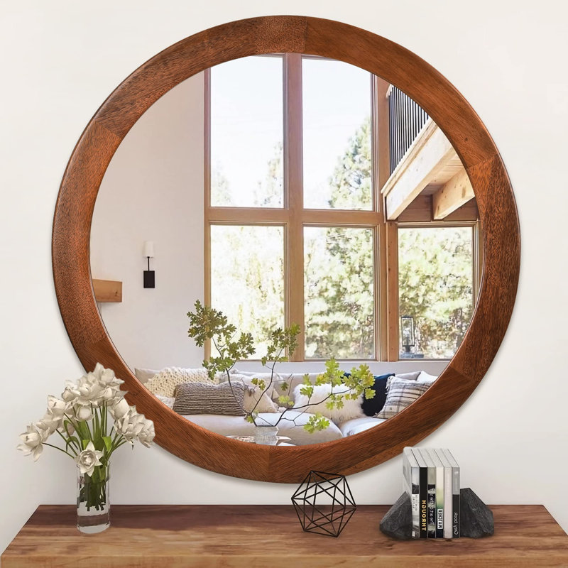 Miroirs ronds 30 po, miroir de meuble-lavabo mural en bois avec cadre en noyer, miroir en bois pour salle de bain, salon ou entrée (brun noyer)