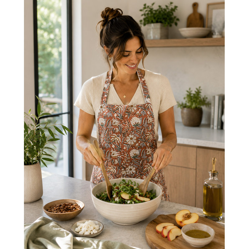 Tablier de cuisine en coton imprimé à la main - Bandoulière réglable, tablier de cuisine léger avec poche avant pour la cuisson, la cuisine et le quotidien