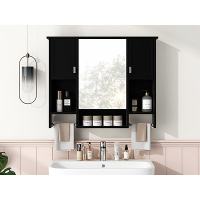 Armoire de rangement murale moderne 35 po x 28 po, armoire de salle de bain murale avec miroir, armoire à pharmacie avec barre à serviettes