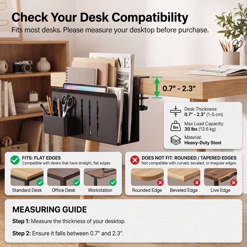 Organiseur de bureau latéral à fixation sans perçage, porte-documents suspendu en métal à deux niveaux avec pot à stylos amovible, accessoire de bureau gain de place noir pour espace de travail à domicile