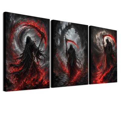 «Grim Reaper With Fiery Scythe In Dark», ensemble de 3 toiles murales