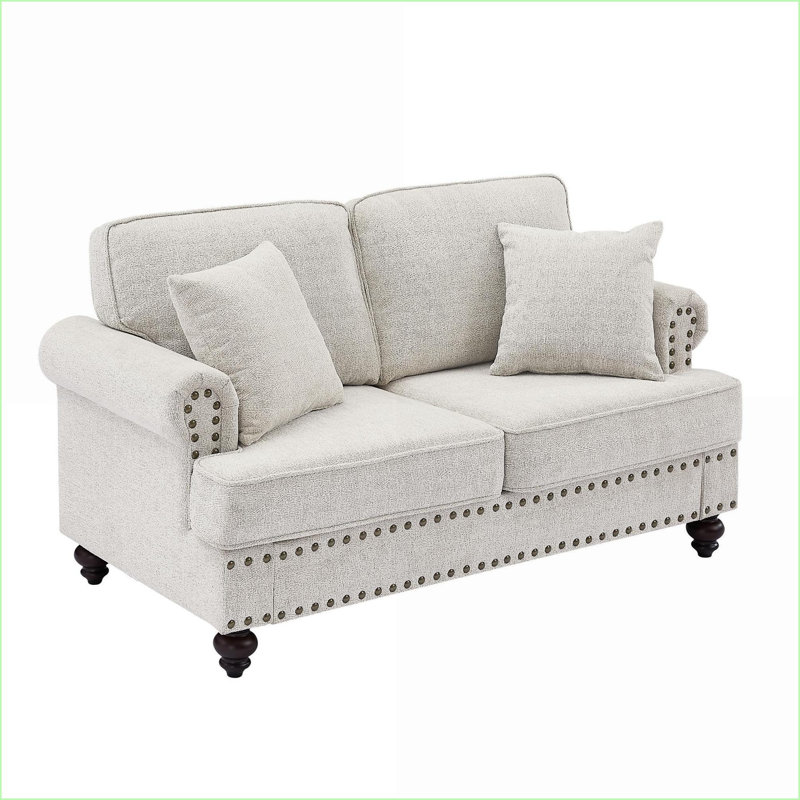 Causeuse en chenille blanche à 2 places 61 po avec garniture cloutée et ampoules Sofas Accoudoirs | Blanc neige | Chenille