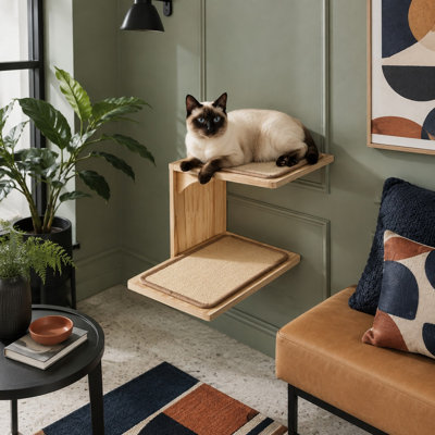 Étagère murale pour chat à 2 plates-formes, peu encombrante, avec un griffoir amovible en sisal double face, idéale pour les chatons d'intérieur et les chats adultes.