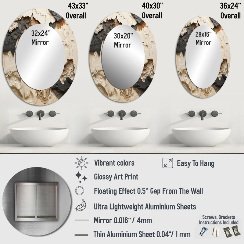 Miroir mural beige et brun, 36 po x 24 po