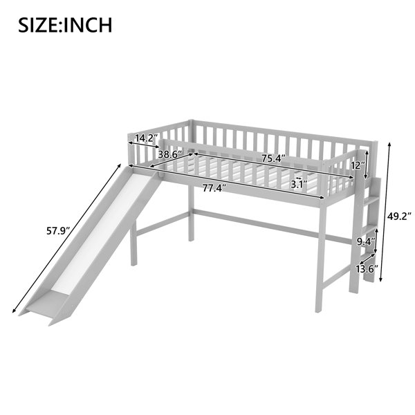 Latitude Run® Twin Size Low Loft Bed With Ladder And Slide, Grey(OLD ...