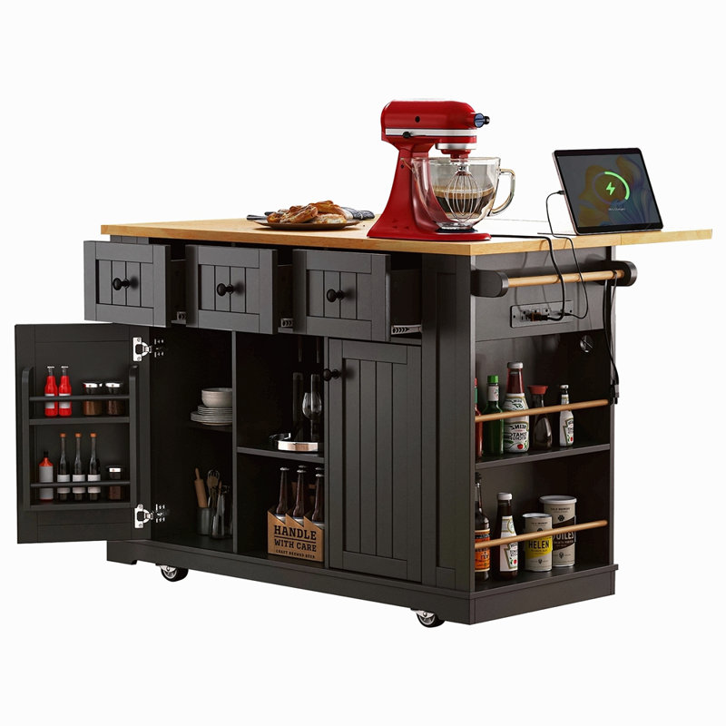 53Inch Large Kitchen Island With Drop Leaf, Power Outlet, Door Internal Storage Rack, Rolling Kitchen Cart On 5 Wheels With 5 Open Side Racks For Kitchen, Dining Room(Not Include Bar Stools)