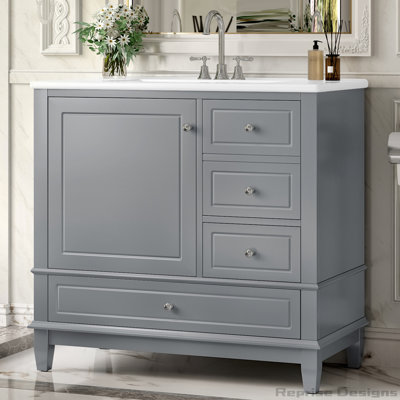 Armoire de meuble-lavabo sur pied 36 po avec lavabo en céramique, 3 tiroirs et armoire avec tablettes