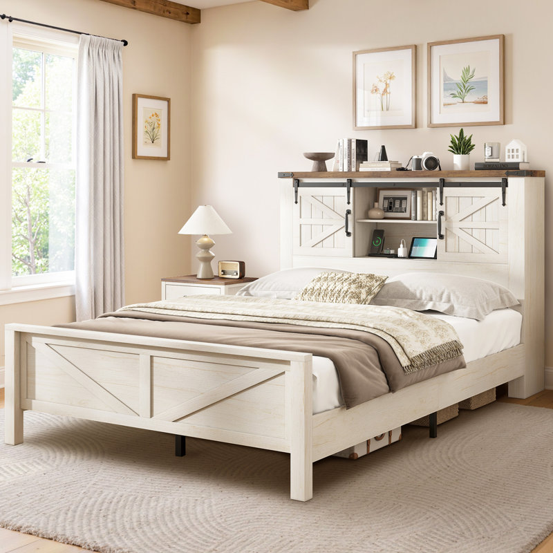 Oceant Sherell Farmhouse Full Bed Frame Storage Bookcase Headboard, White, Full, White