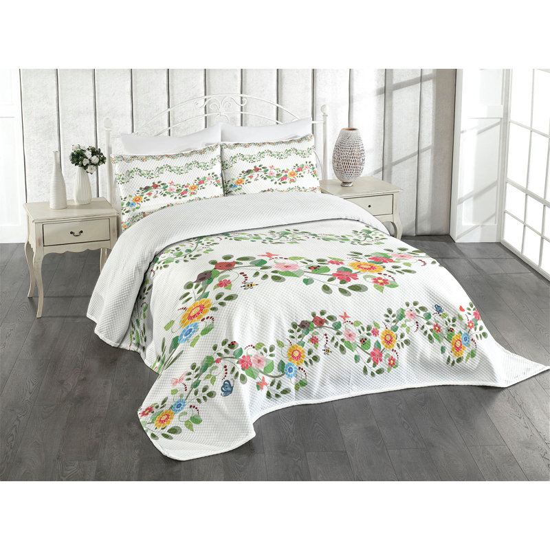 Ambensonne Green Flower Multicolor Multicolor, King Coverlet/Bedspread + 2 Pillow Shams