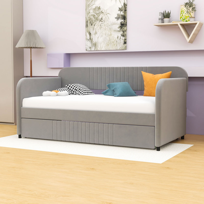  Gabbey Upholstered Daybed with Trundle and Slats, Gray