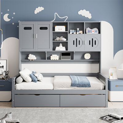Lit de jour en bois avec 2 tiroirs, armoire et tablette tout-en-un (lit de jour)