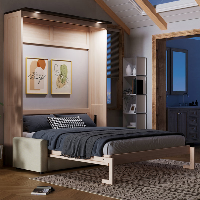 Grand lit escamotable avec canapé pliable et lumières DEL, peu encombrant, beige