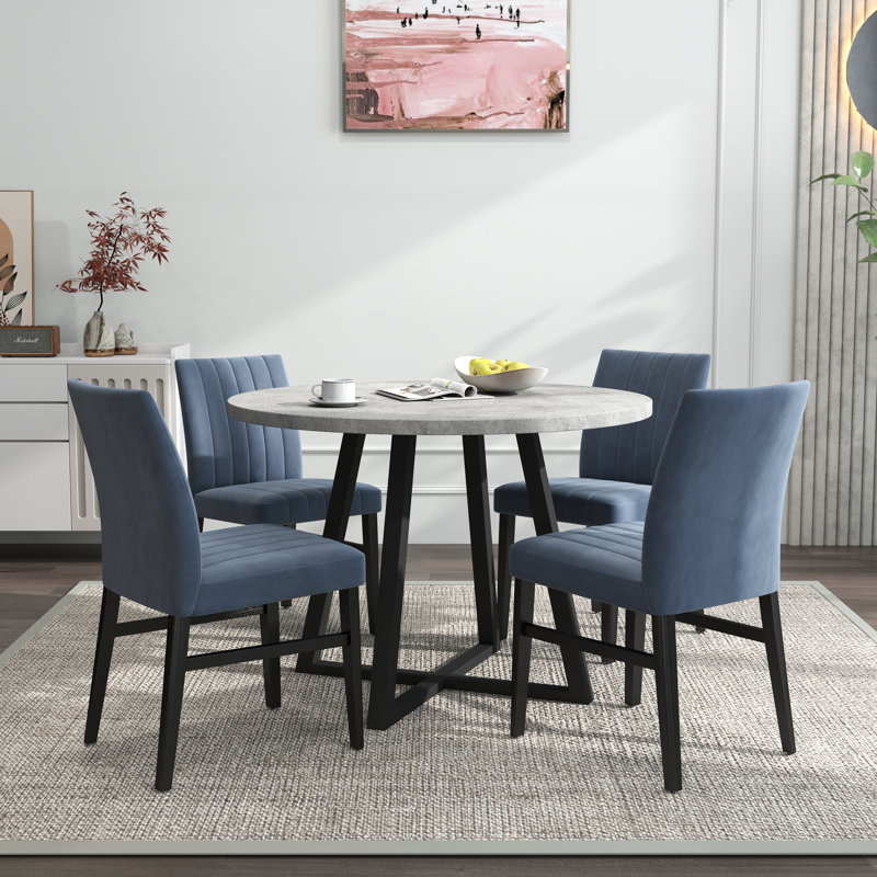 Roundhill Furniture Edo 5-Piece Dining Set, Round Trestle Table And 4 Upholstered Chairs, Gray And Blue, Blue