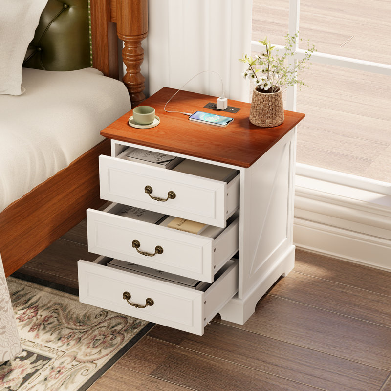 Nightstand With Charging Stand And 3 Drawers & Antique Handles, Brown/White