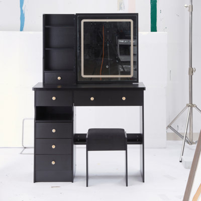 37" Left Drawer Desktop Vanity Table + Cushioned Stool, 2 AC+2 USB Socket, Hair Dryer Stand, Large Touch Control LED Sliding Mirror, 3-Color Switch Makeup Dressing Set, EPA, GCC, UL Certificate