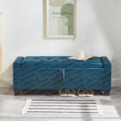 Banc avec repose-pieds 48 po avec rangement, banc pour chambre à coucher, salon, couloir, rembourré capitonné en similicuir PU bleu