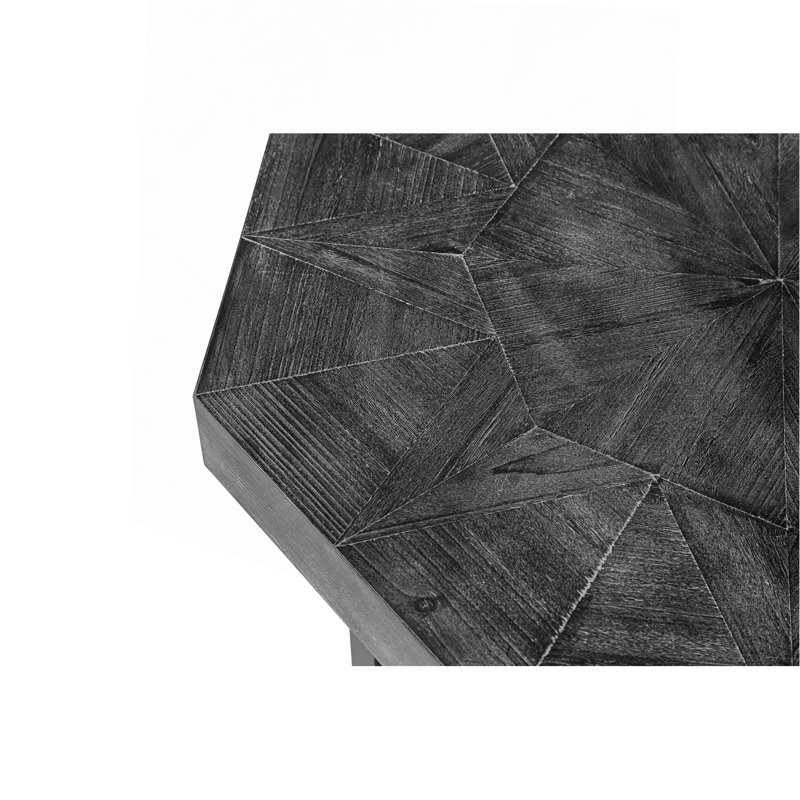Table basse rétro en bois à motif patchwork octogonal avec pieds croisés en métal, pour un décor campagnard et une utilisation efficace de l'espace.