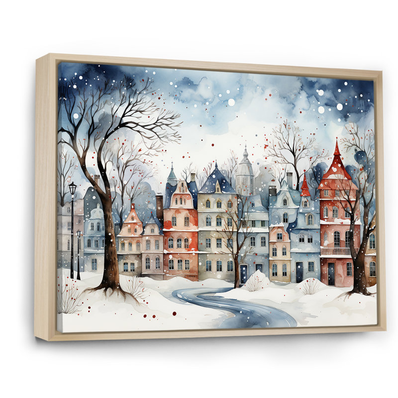 «Christmas village in Winter III - Winter Landscape», art mural encadré, Cadre flottant brun, H 30 po x l 40 po x P 1,5 po