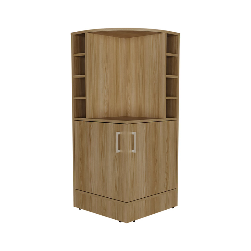 Armoire de bar de coin de 42 po, huit bouteilles de spiritueux, double porte, look moderne haut, bouteilles, intérieur, Chêne