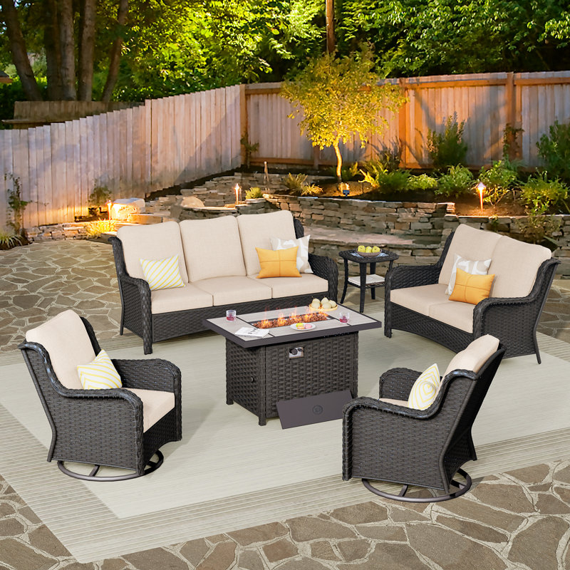 Ilkeston 7 - Person Outdoor Seating Group with Cushions, Brown, Navy