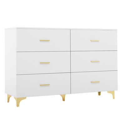 White 6 Drawer Dresser With Gold Handles & Metal Legs, Deep Storage Space, Modern Chest Of Drawers, Wooden Dresser Tv Stand For TV Stand,Living Room, Hallway, Entryway